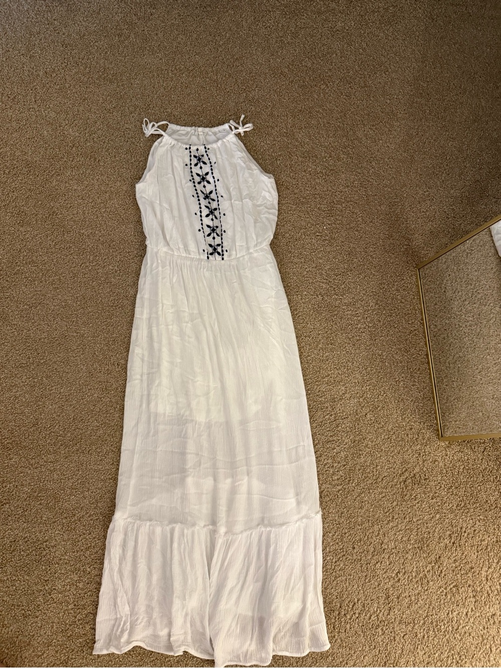 Maurices White Maxi Dress with Navy Embroidered Front
